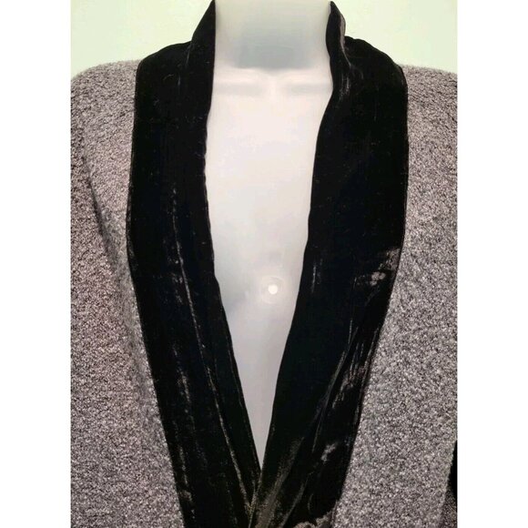 J Jill Gray Black Merino Wool Silk Open Long Cardigan Sweater Velvet Trim Sz M - Picture 2 of 6